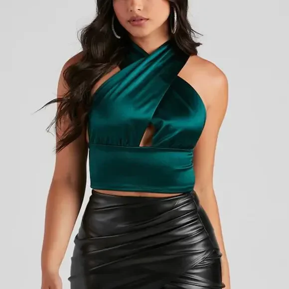 Windsor M Emerald Green Silky Satin Convertible Halter Crop Top